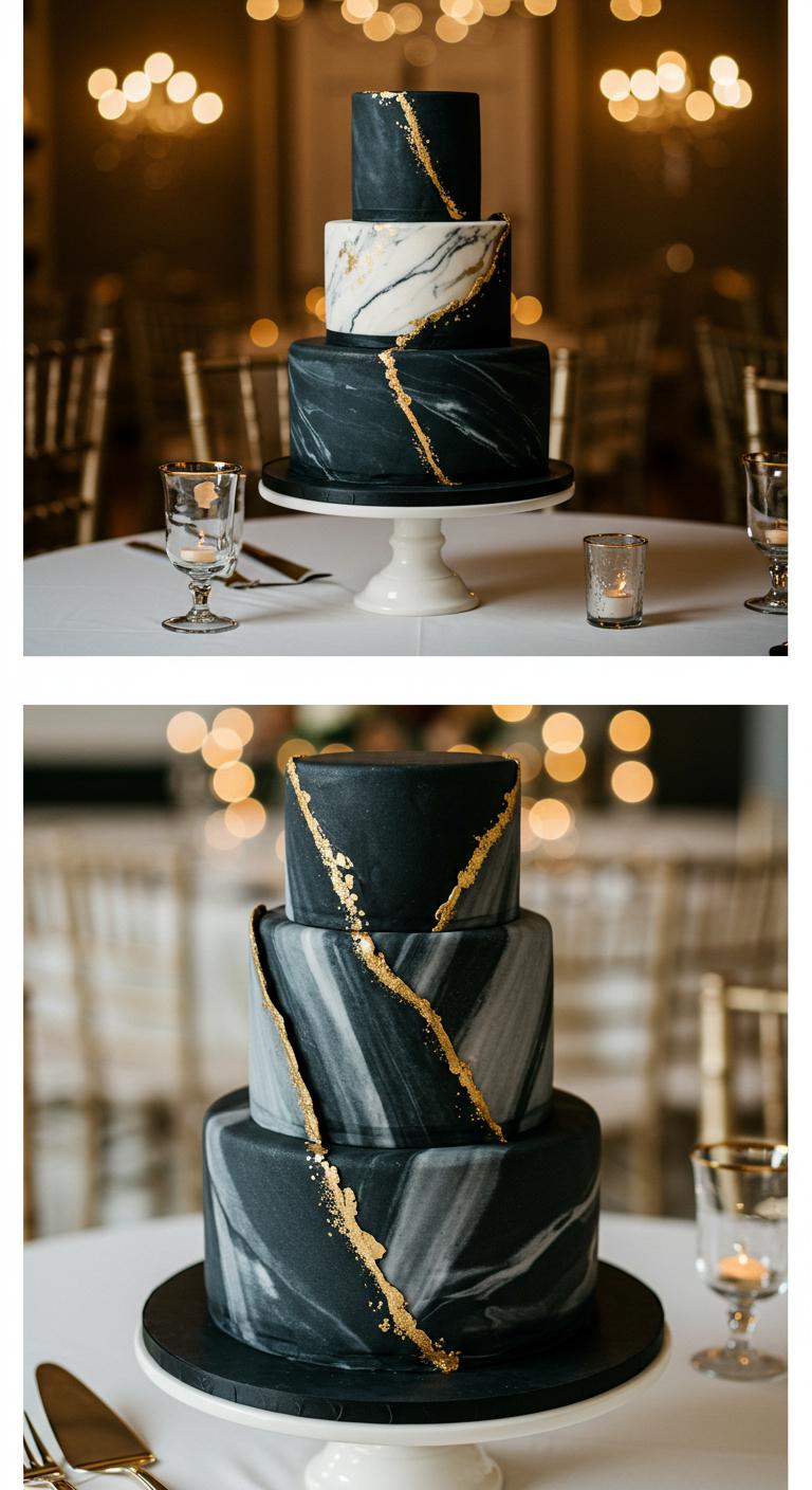 A **bold black marble cake** with **intricate gold accents**, elegantly presented as a **wedding centerpiece**. The cake features rich black and white marbling effects, with shimmering gold decorations that add a **dramatic and sophisticated** touch. The background showcases a stylish wedding setting with soft lighting, highlighting the cake’s allure and luxurious design.
