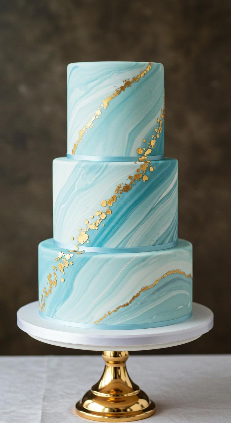 A beautifully crafted **wedding cake** featuring a classic light blue and gold marble design. The cake showcases **gentle light blue accents** swirling through a **rich, marbled texture**, accented with **delicate gold embellishments**. The setting is romantic, capturing the elegance and serenity ideal for a special day.