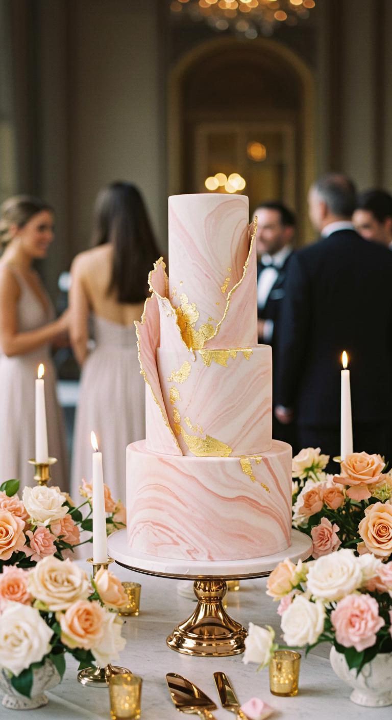 An elegant wedding scene featuring a stunning pink marble and gold leaf cake as the centerpiece. The cake is adorned with **delicate gold accents** and sits on a beautifully decorated table. Surrounding the cake are soft **pastel blooms and candles** that enhance the **luxurious atmosphere**. The background includes guests in formal attire enjoying the celebration, creating a **dreamy and enchanting vibe** that aligns with **contemporary bridal trends**.