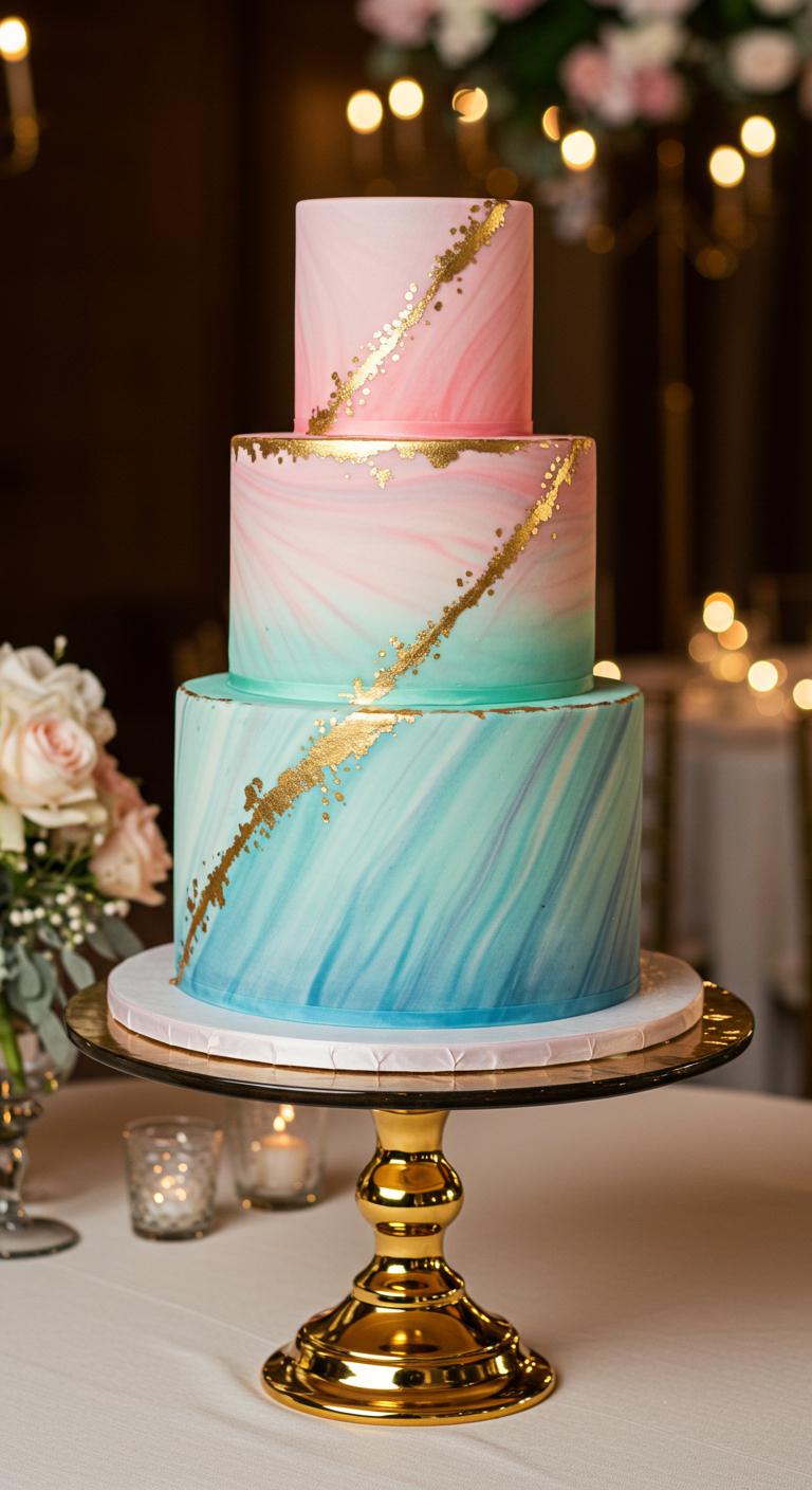 A stunning **ombre marble cake** adorned with **shimmering gold accents**, showcasing **vibrant colors** that blend beautifully. The cake is set in an **elegant wedding reception** scene, surrounded by flowers and romantic lighting, capturing the enchanting fairytale ambiance. The flavors like vanilla, chocolate, and lemon zest are subtly represented, reflecting **customization options**. The overall design combines elegance with a whimsical touch, embodying **current wedding decoration trends**.