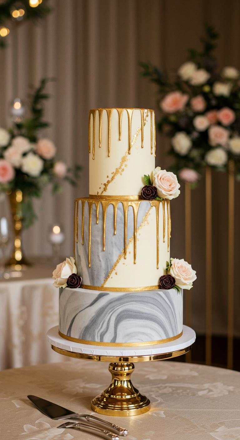 A beautifully designed **marble tiered cake** with a **glossy gold drip**, showcasing **rich chocolate and vanilla layers**. The cake should have unique tier designs that reflect a **romantic wedding theme**, elegantly set in a wedding celebration backdrop with flowers and decor that accentuate sophistication and style.