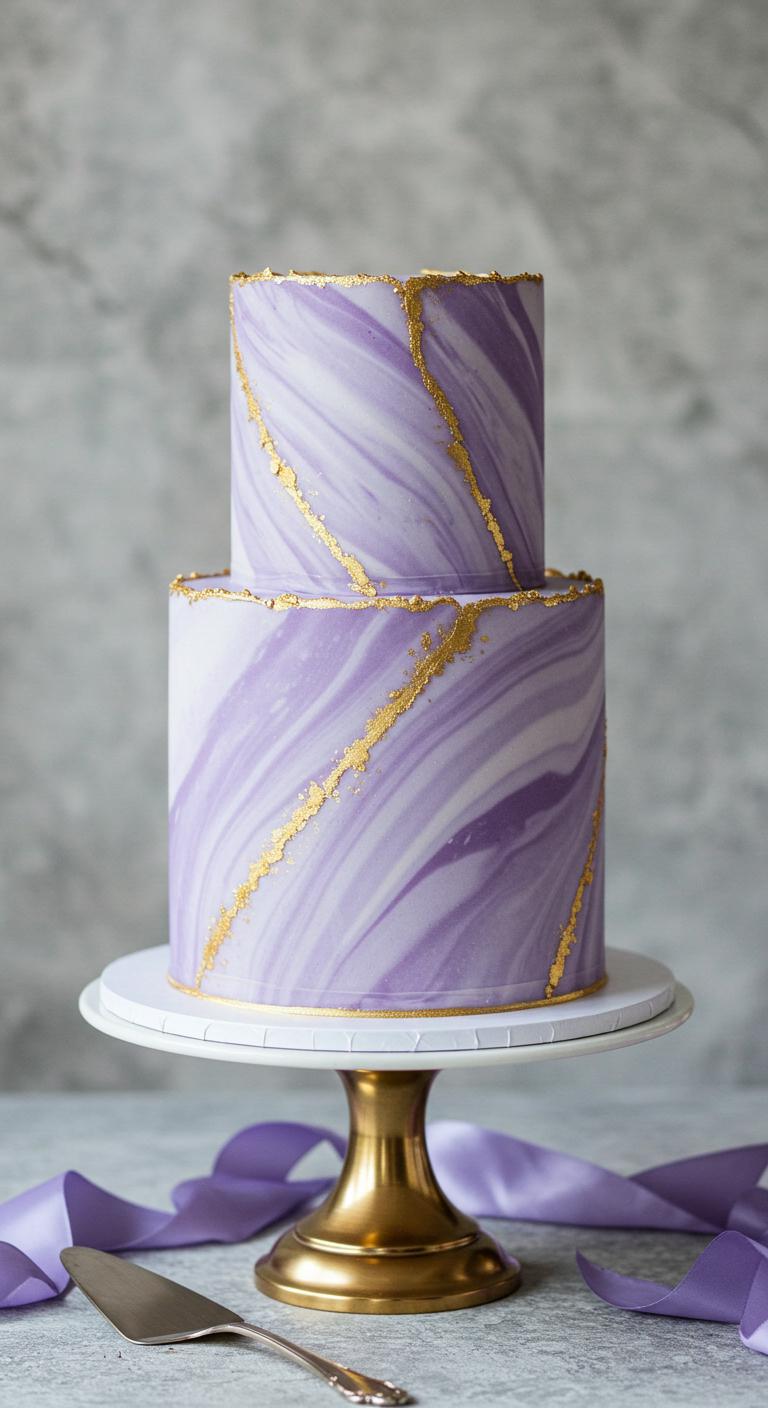 A delicate **lavender marble cake** with **gold edging**, featuring gentle swirls of lavender and shimmering gold, set as a **stunning centerpiece** for a wedding. The cake exudes **elegance and sophistication**, with soft romantic tones and an **enchanting lavender flavor** that captivates guests.