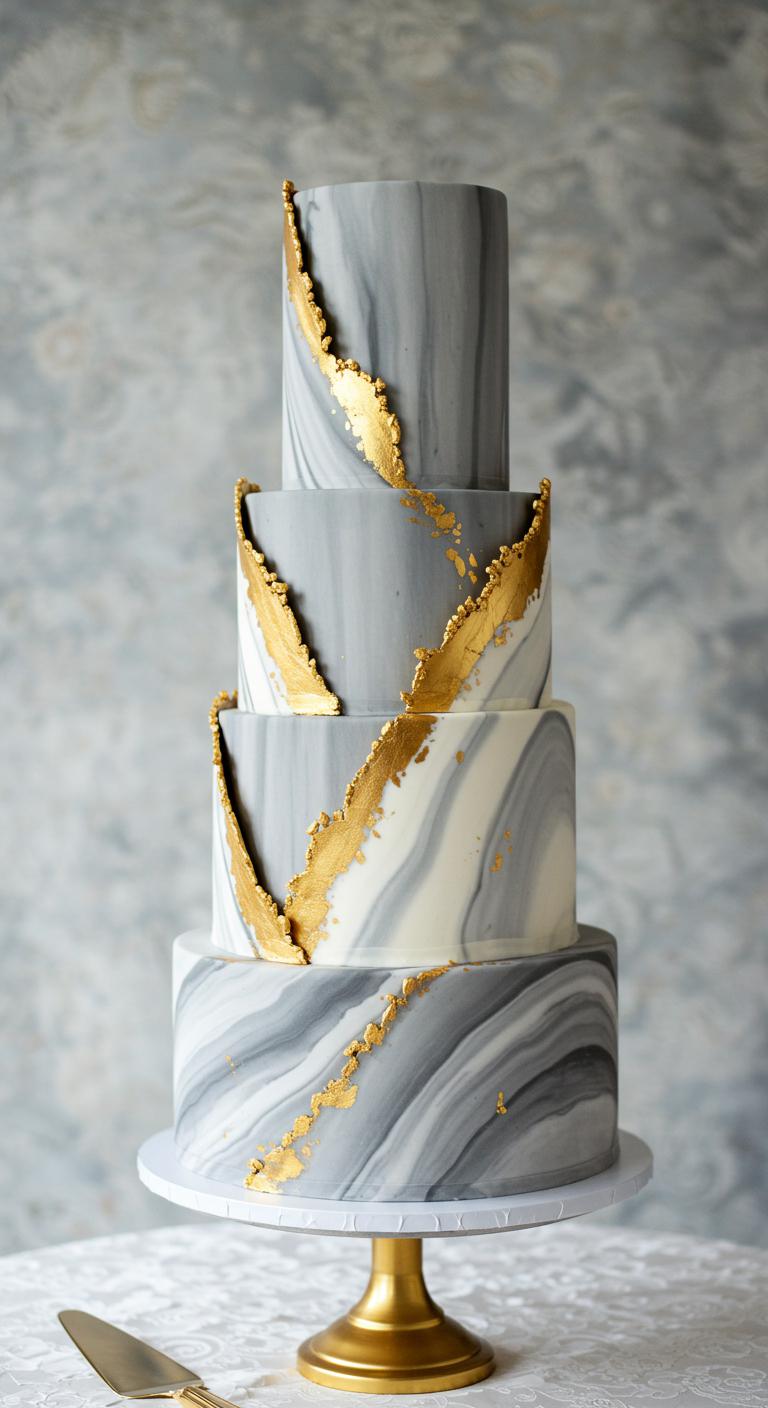 A stunning wedding cake design featuring a majestic grey and gold marble cake. The cake should showcase layers of **rich marble flavors**, such as **chocolate and vanilla**, elegantly intertwined. The exterior adorned with **delicate gold decoration techniques**, including **gilded accents**. The backdrop should evoke a **modern yet opulent wedding aesthetic**, creating an impression of sophistication and luxury.