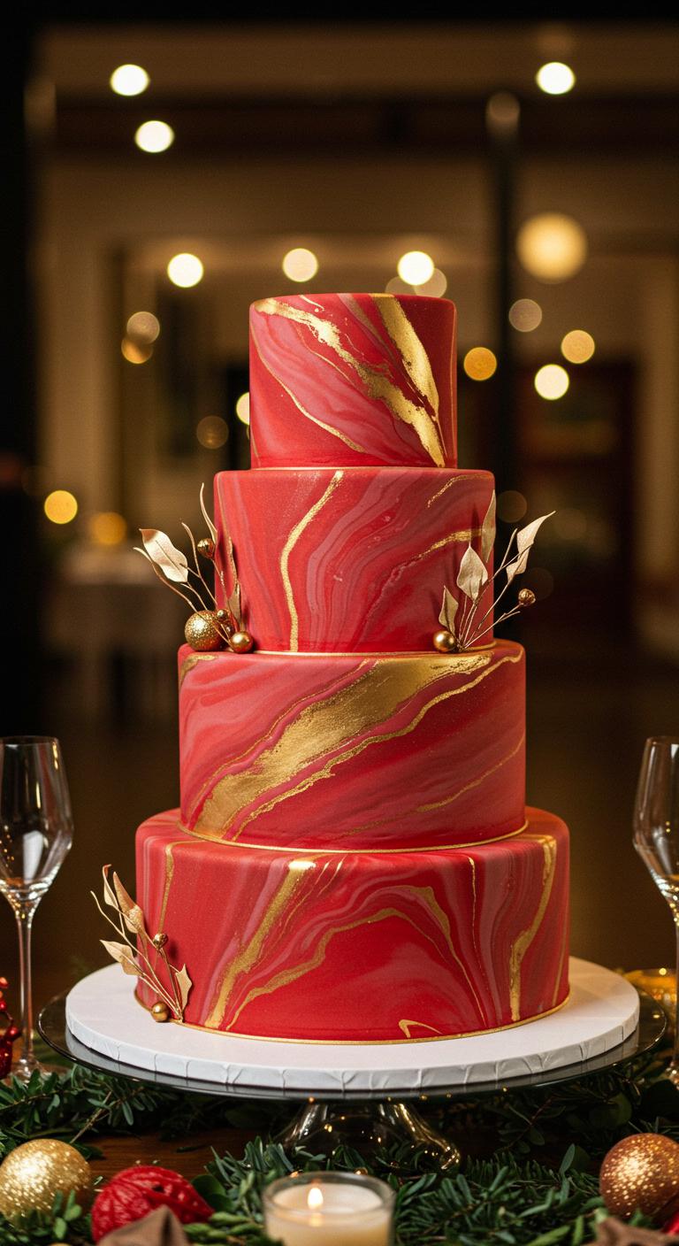 A beautifully crafted **festive red and gold marble** wedding cake, featuring **rich red marble swirls** and **luxurious gold highlights**, elegantly displayed as a centerpiece. The cake is adorned with delicate decorations that complement a wedding color scheme, surrounded by **festive decorations** that enhance the celebratory atmosphere of a wedding venue. Soft lighting casts a warm glow, creating a **joyful ambiance** as guests admire the **stunning cake**.