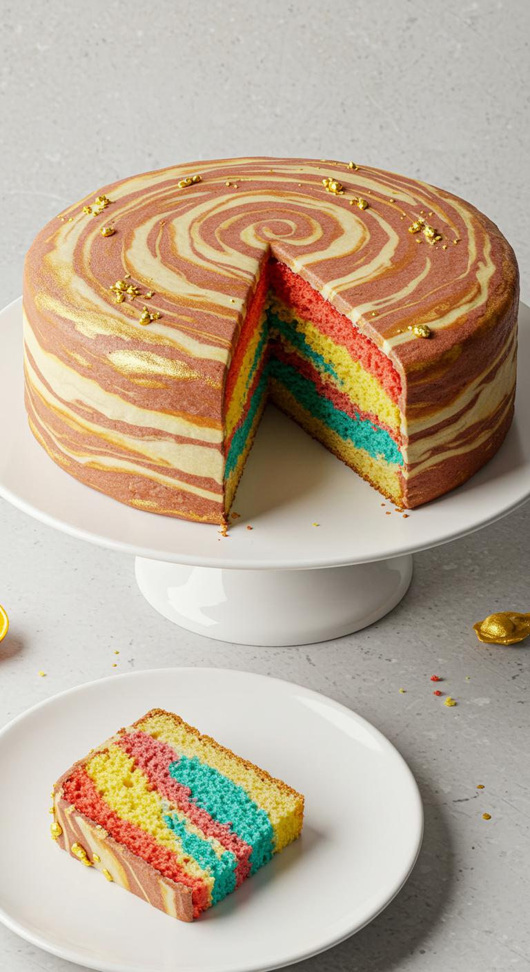 A **whimsical rainbow marble cake** with **vibrant colors** swirling together, showcasing **playful flavors** like fruity citrus and rich vanilla. Each slice reveals the colorful marble pattern, while the cake is adorned with **glistening gold dust** accents, creating an enchanting and visually stunning centerpiece for a **joyful celebration**.