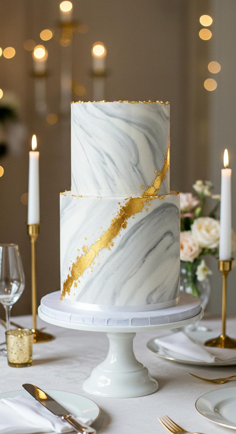 A **minimalist white marble cake** adorned with **delicate gold dust**, showcasing a smooth, marbled surface. The cake is elegantly displayed at a **modern wedding setting**, surrounded by soft lighting and subtle decorations that highlight the **understated elegance** of the event.