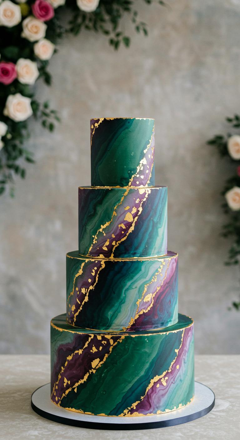 A stunning **marble cake** featuring swirling **jewel tones** of rich greens, deep blues, and striking purples, elegantly adorned with delicate **gold leaf accents**, set against a beautifully arranged **wedding backdrop**, creating an opulent and **unforgettable centerpiece**.
