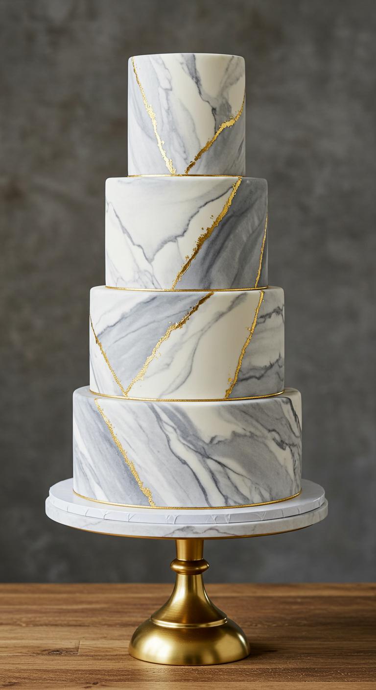 A **beautifully decorated** **classic round marble wedding cake**, featuring a harmonious blend of **creamy whites and rich grays**. The cake should be stacked elegantly, showcasing perfect layer balance. The decoration should exude a **touch of glamour**, and an **elegant gold stand** should enhance its presentation, making it the centerpiece of a wedding celebration.