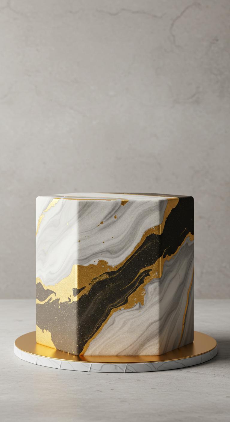 A modern **hexagonal cake design** featuring a unique **abstract marble pattern**, adorned with **glossy gold ganache**. The cake is set against a minimalistic backdrop to highlight its **intricate textures** and stunning **visual feast**, evoking a sense of sophistication and creativity.