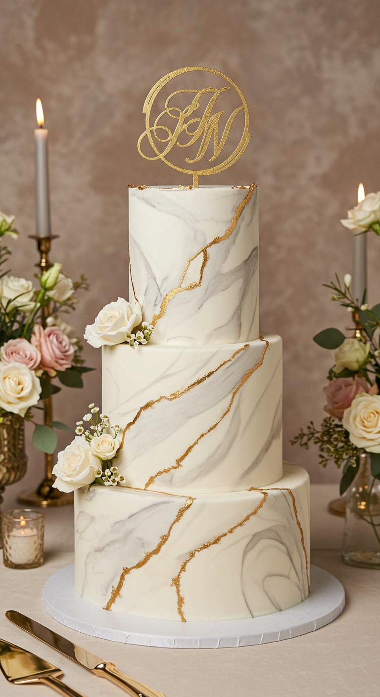 A beautiful wedding cake featuring elegant ivory marble design with **intricate marbling**. The top of the cake showcases a **custom gold monogram**, symbolizing personalized love. The setting includes soft, romantic lighting to emphasize sophistication, with floral arrangements surrounding the cake to enhance its timeless appeal.