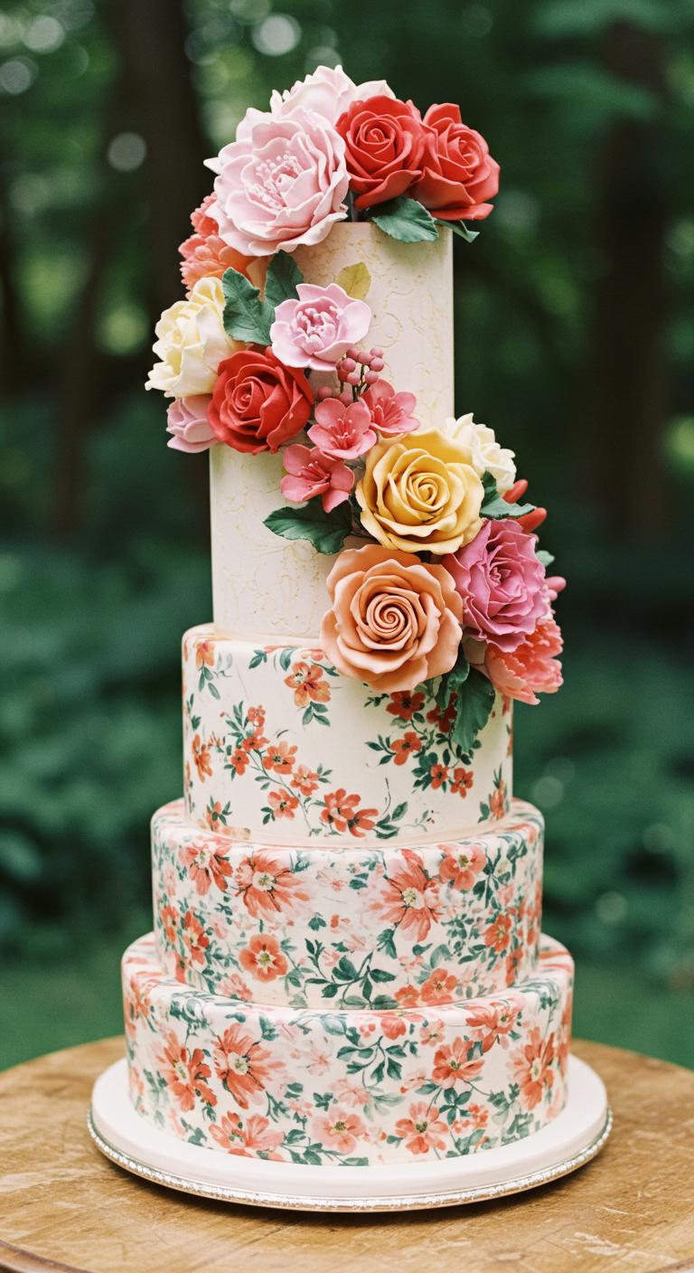 A **stunning wedding cake** adorned with **intricate floral designs**, featuring **vibrant blooms** in an array of colors that evoke the beauty of a lush garden. The cake is set in a **whimsical outdoor setting**, surrounded by nature, embodying the themes of romance, joy, and **celebration of love**. Each tier showcases different floral patterns, with petals appearing lifelike and vibrant, capturing the essence of a **Floral Fantasy**.