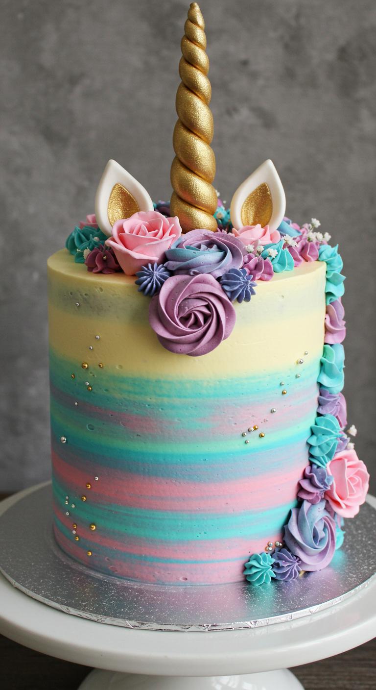 A vibrant and whimsical **Magical Unicorn Cake** that showcases bright, swirling colors, **shimmering unicorn horns** on top, and **delicate edible flowers** adorning the cake. The cake should evoke themes of magic, love, and joy, with a dreamy and enchanting aesthetic.