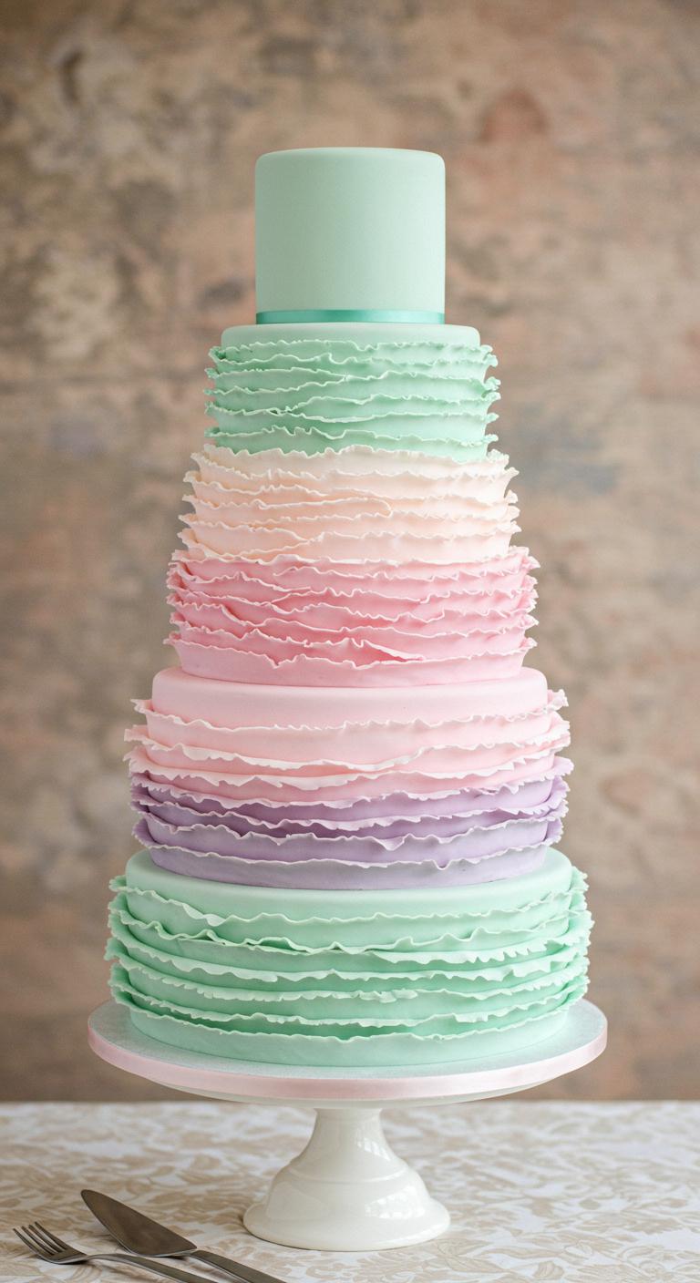 A **stunning cake** with multiple tiers featuring a **dreamy pastel color palette**. The cake is adorned with **intricate ruffled icing techniques**, showcasing soft hues of pink, lavender, and mint green. It stands elegantly as a **centerpiece at a wedding celebration**, evoking a **sense of joy and whimsy** while maintaining an **air of sophistication**. The overall aesthetic is lighthearted yet enchanting, perfect for a festive occasion.