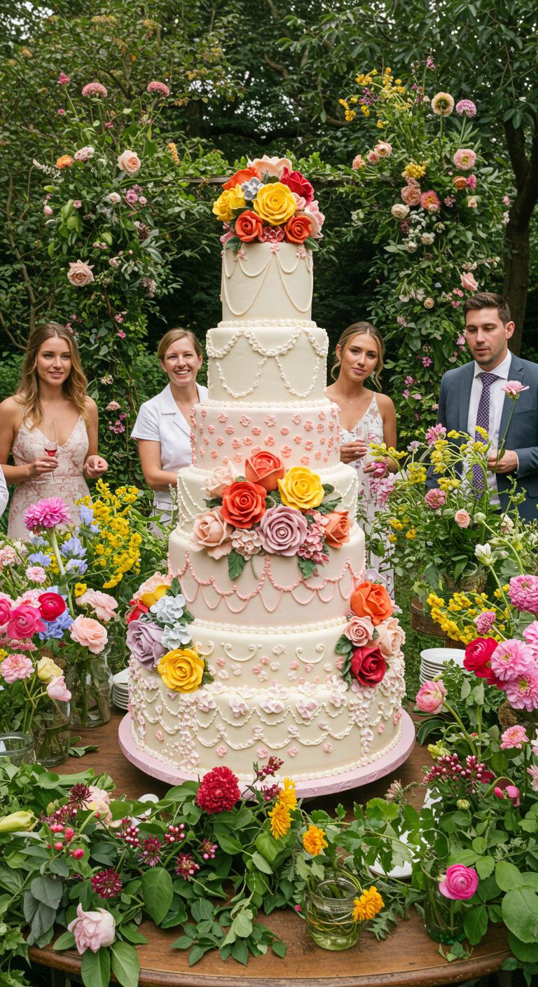 A beautifully decorated **wedding cake** adorned with **intricately piped flowers** in **vibrant colors**, set in a lively garden party atmosphere filled with greenery and floral arrangements, with guests admiring the cake’s artistry, creating a whimsical and enchanting celebration environment.