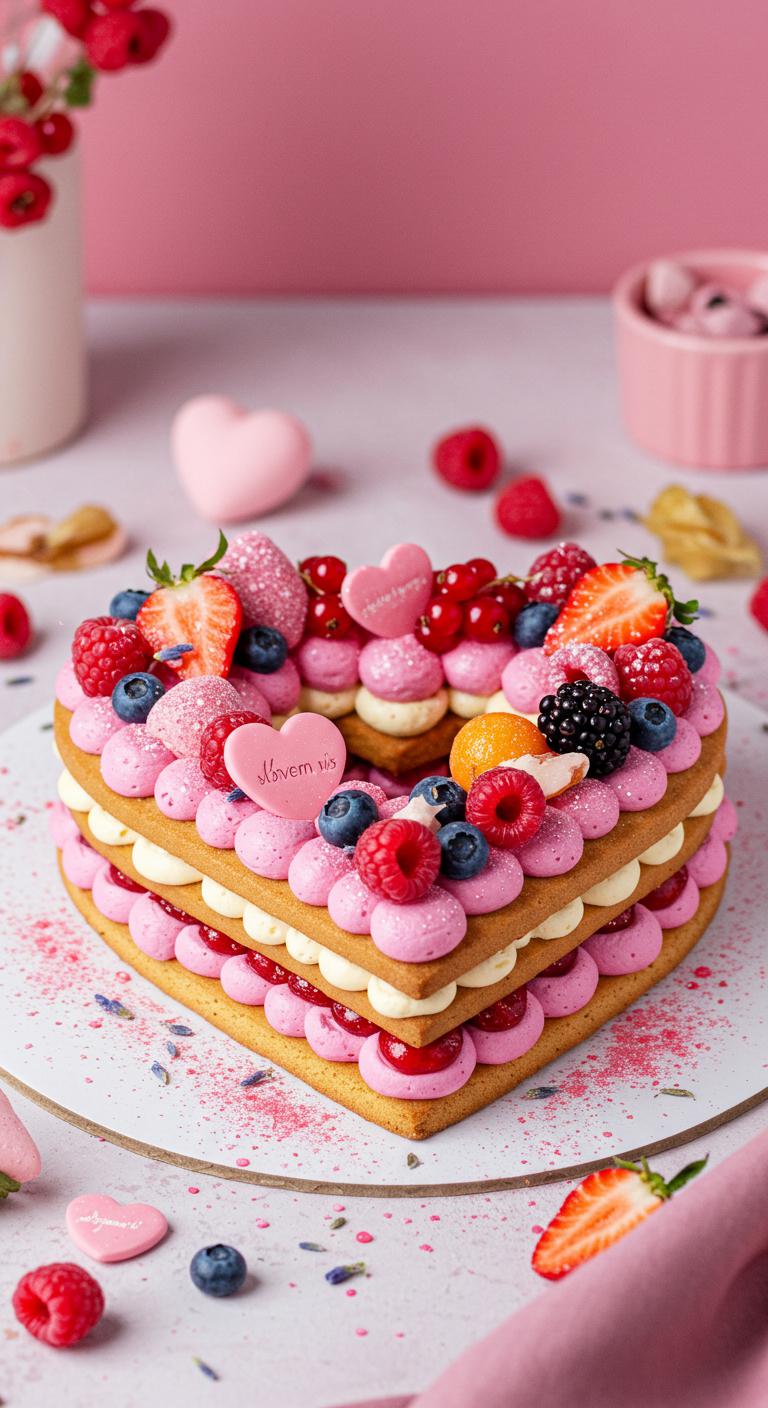 A **whimsical heart-shaped cake** adorned with **edible glitter** and vibrant fruits, showcasing a blend of **raspberry-chocolate** and **vanilla-lavender** flavors. The cake is set against a romantic backdrop, symbolizing love and unique bonds, with playful decorations that reflect personality and celebration.