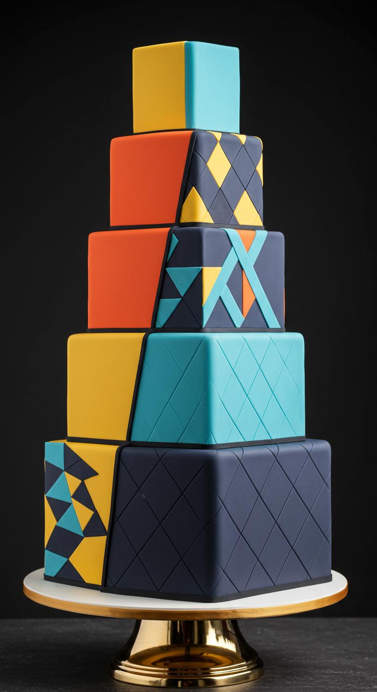 A wedding cake featuring five **striking geometric layers** in **bold, vibrant colors** with angular geometric patterns. Each layer showcases unique designs that create a **playful contrast**, making the cake appear as a **visual masterpiece**. The cake should embody quirky shapes and hues to emphasize its role as a delightful centerpiece.