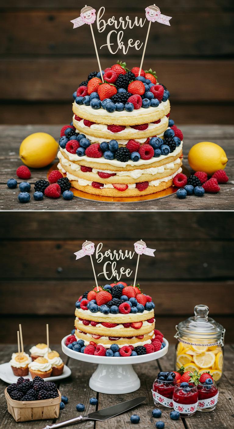 A **beautifully designed wedding cake** embellished with a **variety of fresh berries**, including strawberries, blueberries, and raspberries, set against a **rustic wooden table**. The cake features layers of **lemon and blueberry flavors**, arranged with creative decorations and **whimsical cake toppers**. Surrounding the cake are smaller dessert table items inspired by berry picking, highlighting the essence of **summer’s bounty** in a romantic presentation.