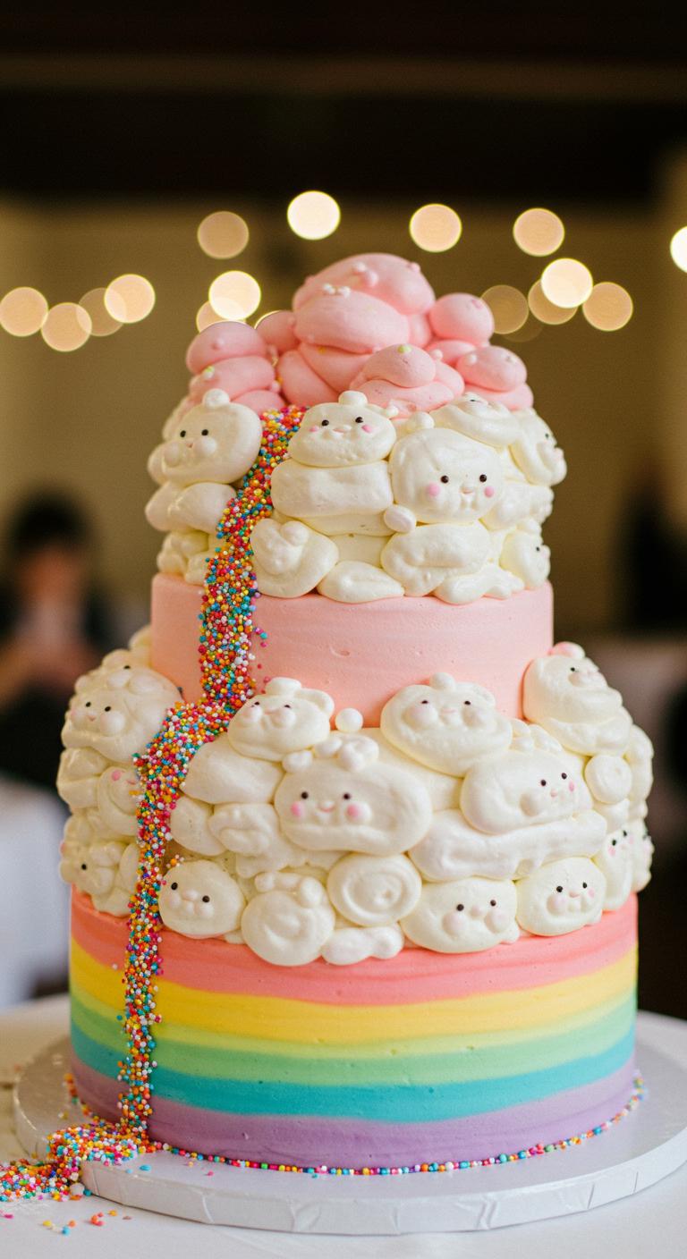 A **whimsical wedding cake** that resembles a **fluffy sugar cloud**, adorned with vibrant, colorful layers and playful sugar sculptures. The cake features **rainbow sprinkles** cascading like confetti, set against a joyful and enchanting atmosphere. Soft, dreamy lighting enhances the magical feel of the celebration.