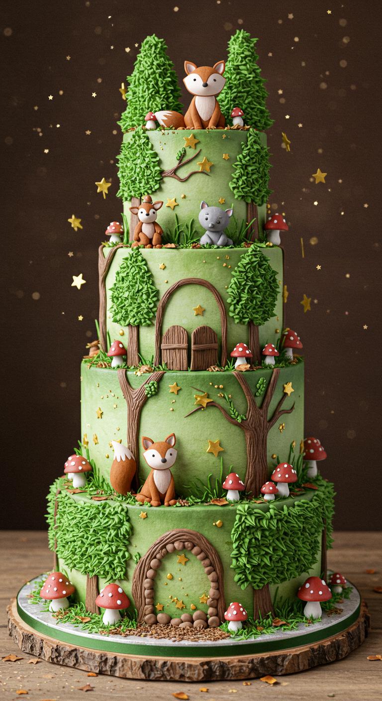 A whimsical woodland-themed cake set in a **magical forest**. The cake features intricately crafted woodland animals, lush green frosting, **tiny toadstools**, and sparkling stars. Each tier of the cake showcases a **fairy tale scene** that transports viewers to a world of wonder and charm, perfect for a special occasion.