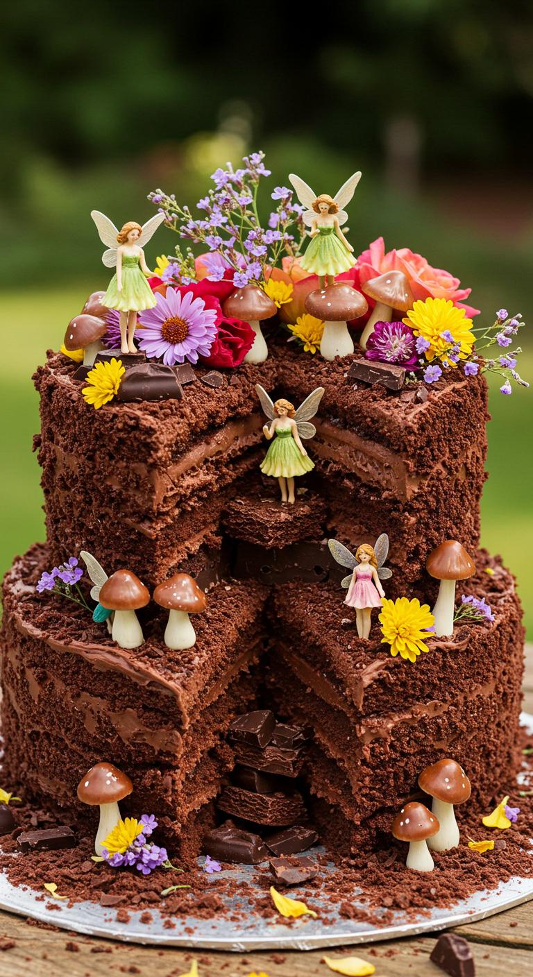 A whimsical **Chocolate Fairy Garden cake** featuring layers of **rich chocolate textures**, adorned with **tiny fairy decorations**, **lush edible flowers**, and **chocolate mushrooms**. The scene is magical, inviting and dreamlike, capturing the essence of a truly unforgettable wedding experience.