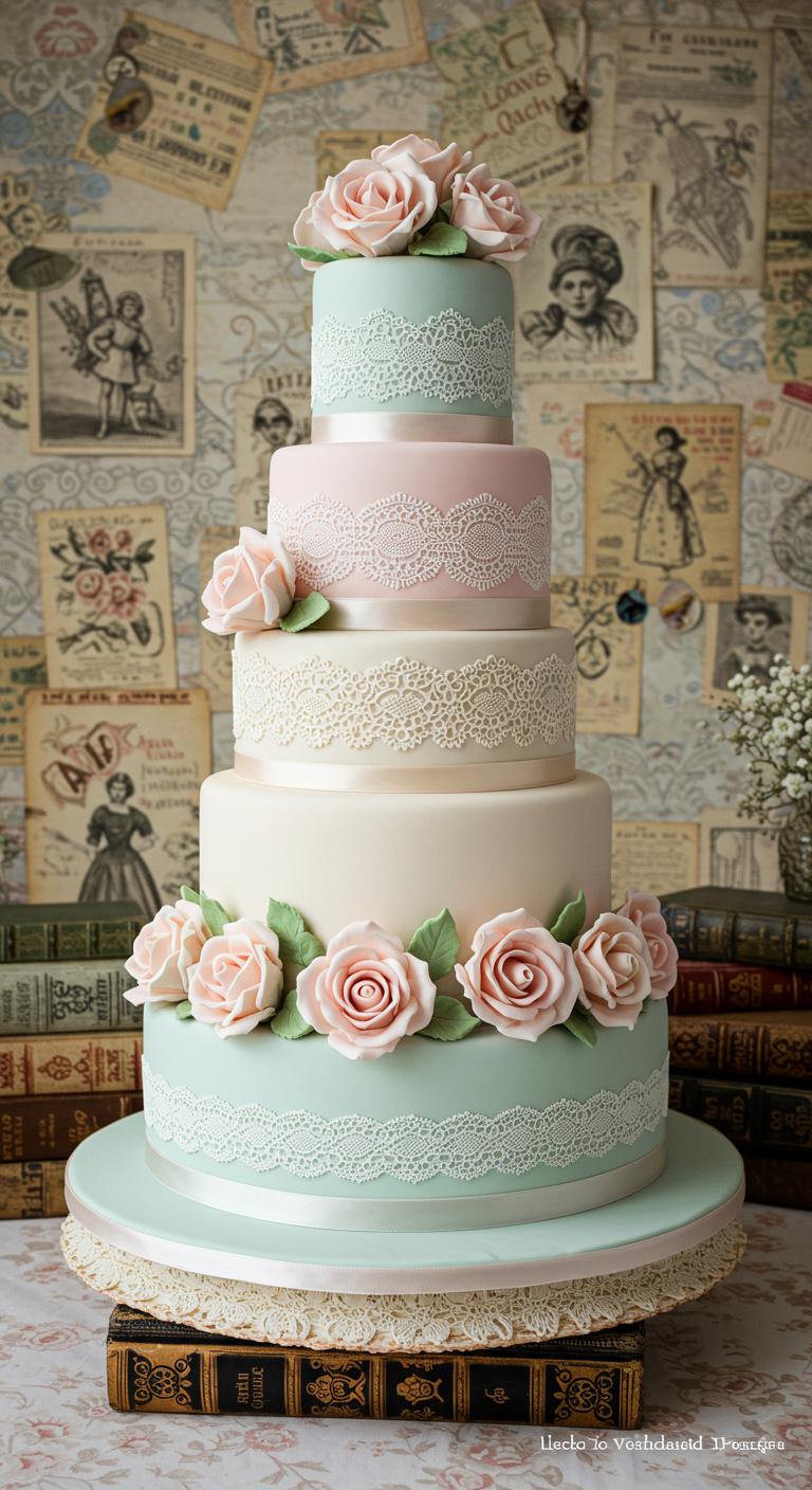 A beautiful, multi-layered cake adorned with **delicate sugar roses** and **intricate lace patterns**, featuring **soft pastel hues**. The cake is set against a whimsical backdrop reminiscent of a storybook, evoking feelings of romance and nostalgia. Vintage elements like old books and charming illustrations subtly enhance the enchanting atmosphere of the scene.
