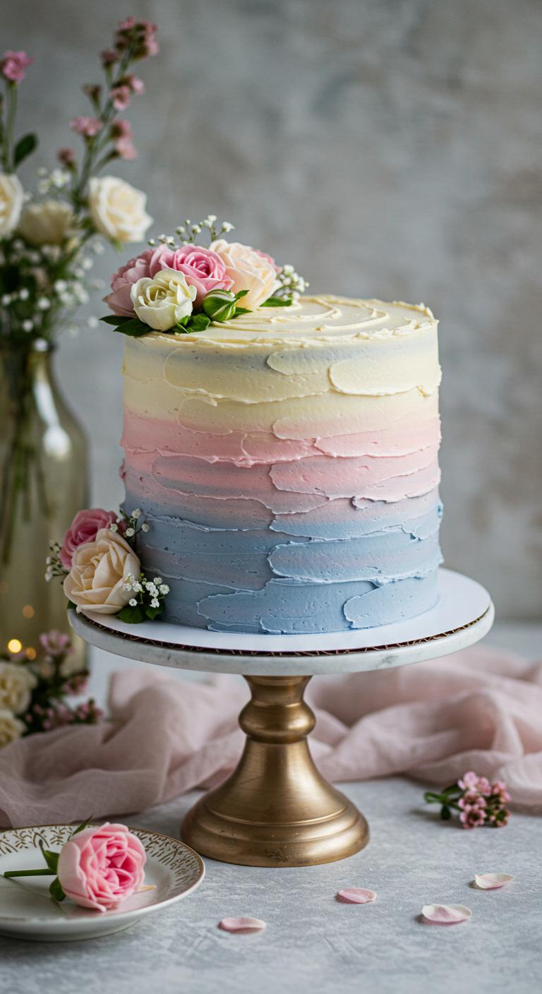 A beautifully decorated cake featuring a **Dreamy Ombre Buttercream** design, showcasing a **mesmerizing gradient of colors** that shift from one hue to another. The **buttercream texture techniques** are highlighted, creating an artistic and visually appealing presentation that embodies themes of **romance and whimsy**. The setting is soft and enchanting, reminiscent of a **vintage storybook atmosphere**, with **delicate floral accents** and soft lighting to enhance the dreamy aesthetic.