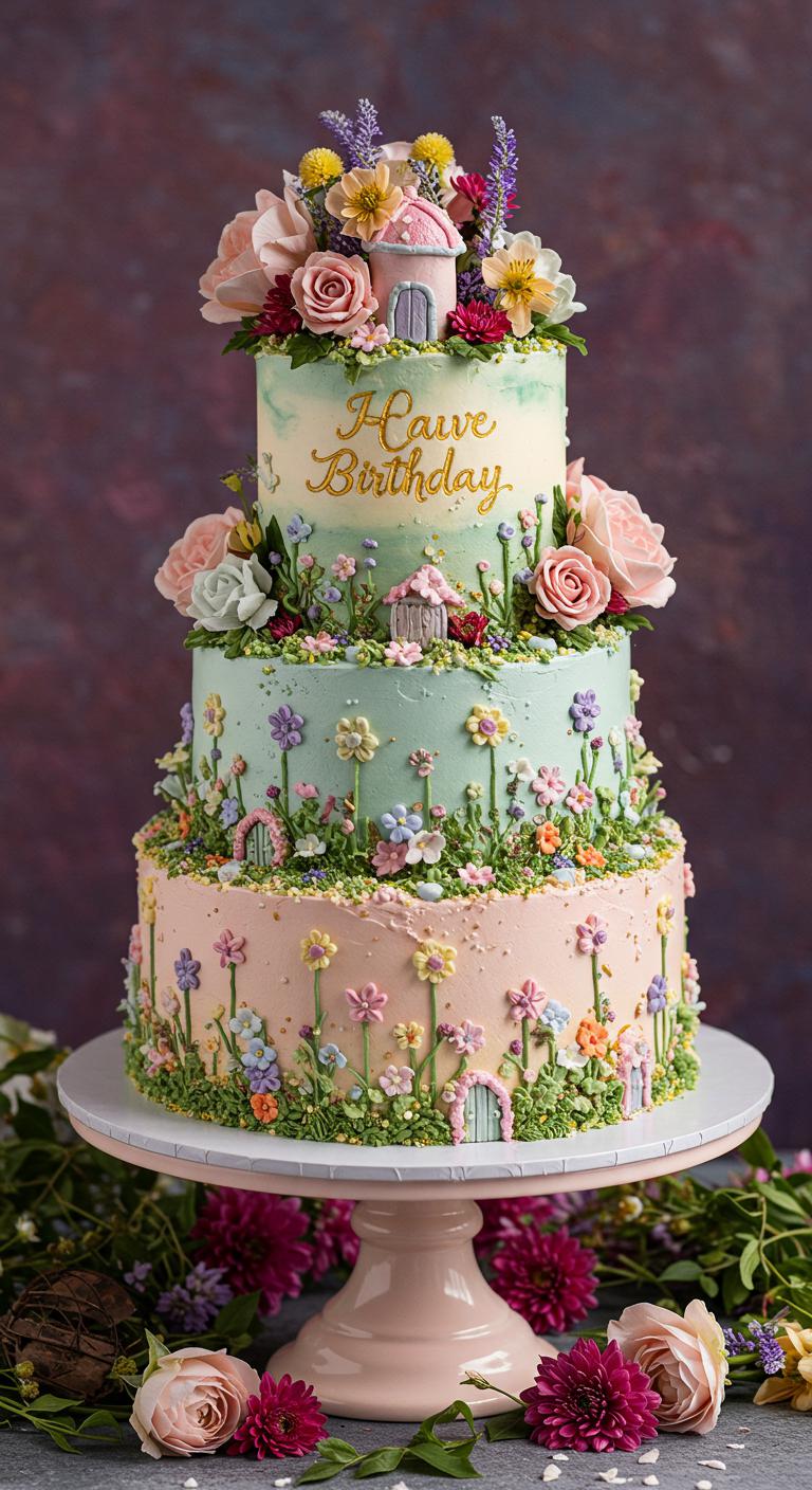 A beautifully decorated cake resembling a whimsical garden, adorned with **delicate flowers** and enchanting motifs. The cake layers are elegant and dreamy, evoking a **fairy-tale essence**. Surrounding the cake is a vibrant arrangement of nature-inspired elements that enhance the **magical celebration** of love and creativity.