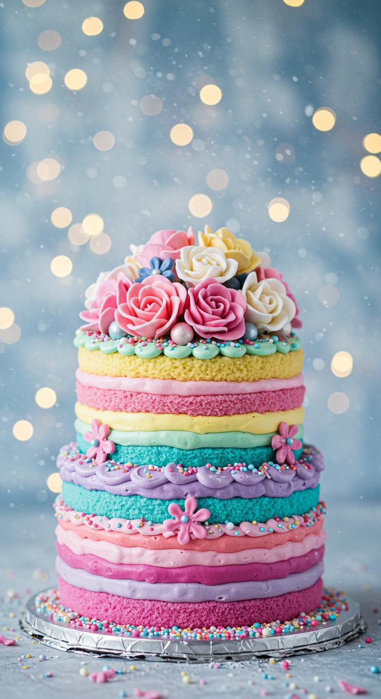 A **whimsical wedding cake** decorated with **vibrant colors** and confetti, showcasing a surprise **explosion of candies and sprinkles** as it’s being sliced. The cake is set in a festive, enchanting environment, celebrating love and joy.