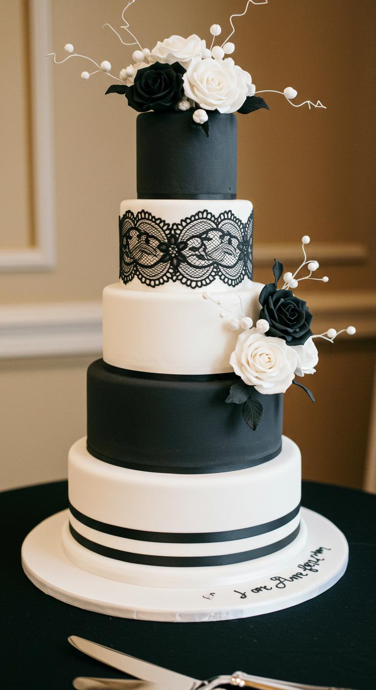 A beautifully designed black and white tiered wedding cake, showcasing **elegant lace details**, **smooth fondant**, and **delicate sugar flowers**, set against a sophisticated wedding backdrop. The cake reflects **timeless sophistication** and love story customization.