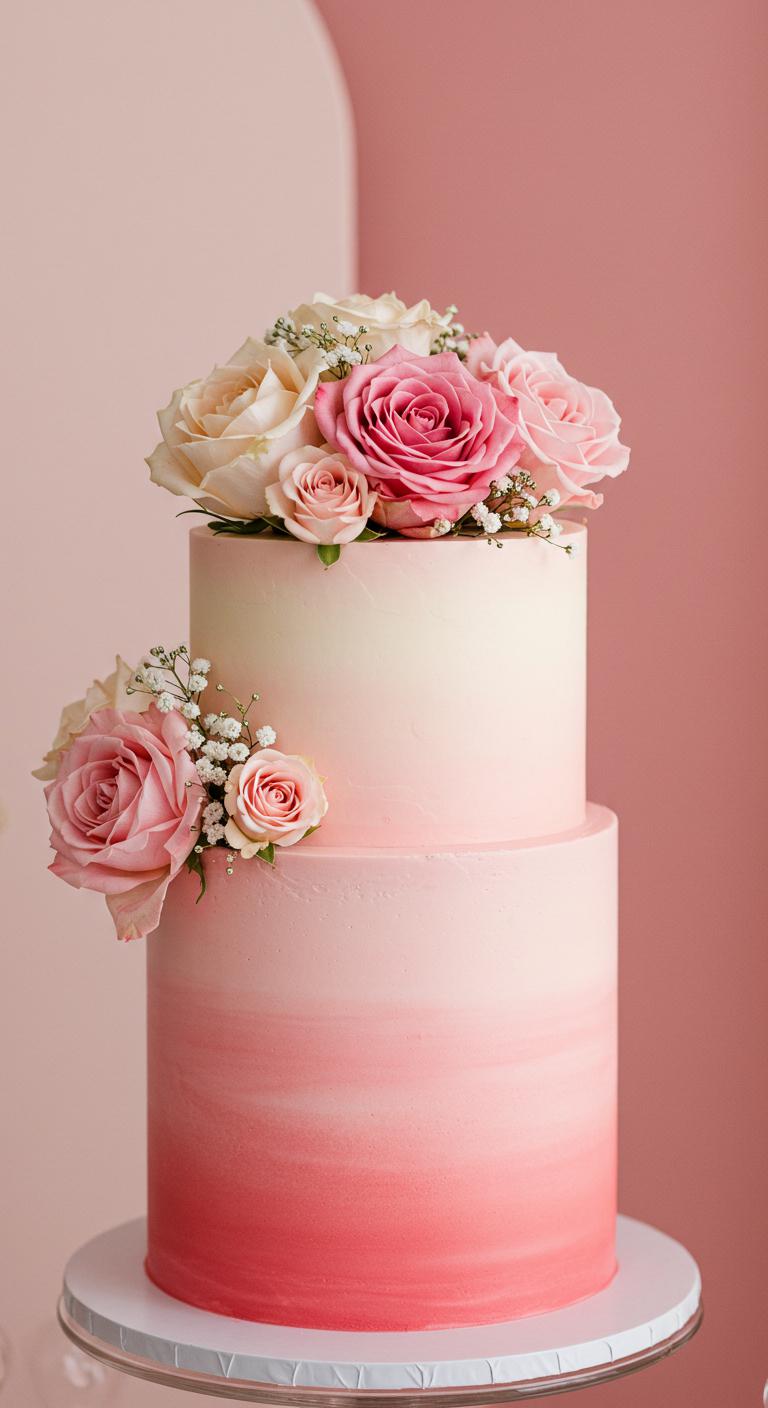 A stunning **Elegant Pink Ombre Floral Cake** with layers that transition from **soft blush to deep rose**. The cake is **adorned with fresh flowers** and is set against an elegant pink decor backdrop, creating a **beautiful centerpiece for a celebration**.