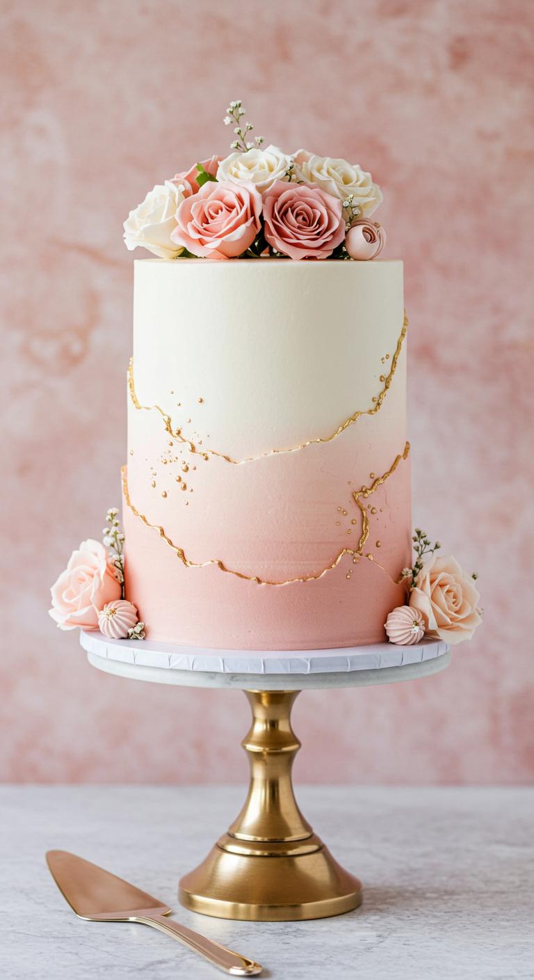 A beautifully crafted **Rustic Lavender Ombre Cake** adorned with **gradient shades of lavender** from deep purple to light lilac, set on a **rustic wooden table**. Surrounding the cake are **fresh lavender sprigs** and wildflowers, capturing the essence of a rustic outdoor celebration with soft natural lighting. The scene evokes a serene and enchanting atmosphere, perfect for **intimate weddings** and gatherings.