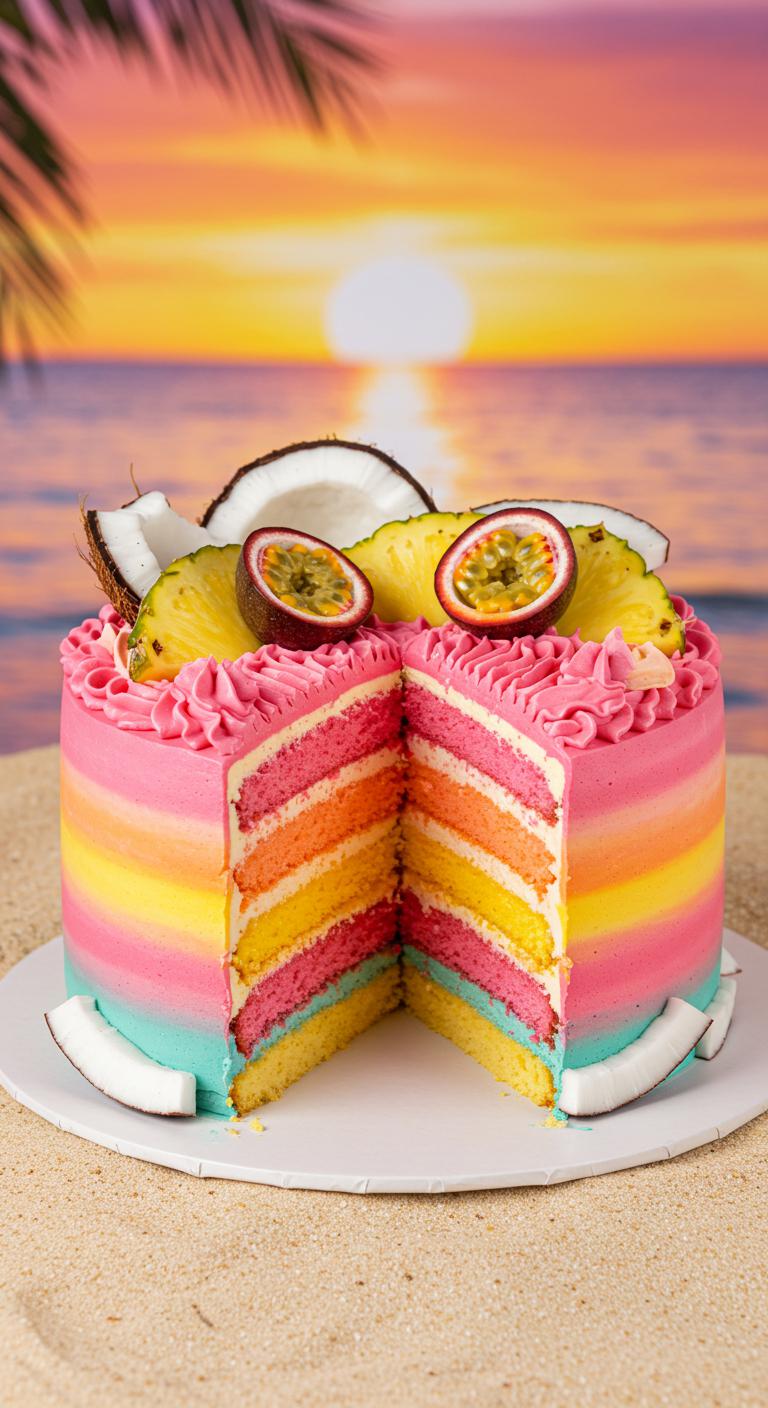 A beautifully layered **Tropical Sunset Ombre Cake** featuring vibrant pink, orange, and yellow hues reminiscent of a sunset. The cake is **adorned with tropical decorations** such as slices of coconut, pineapple, and passionfruit, set against a **beachside backdrop** that evokes a summer paradise. The scene captures the **essence of celebration and joy**, **perfect for a sunny day**.