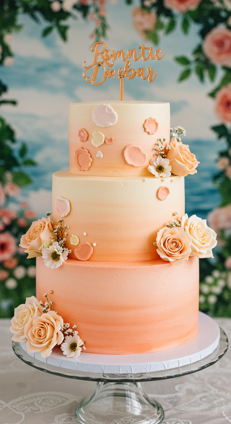 A beautifully designed **Romantic Peach Ombre Cake** featuring **soft peach hues** transitioning smoothly from light to dark. The cake should be elegantly adorned with **delicate floral arrangements** and **whimsical decorations**, set against a picturesque backdrop that captures the essence of **wedding cakes** and themed occasions. The overall presentation should highlight the ombre techniques, making it appear as a **mesmerizing centerpiece**.