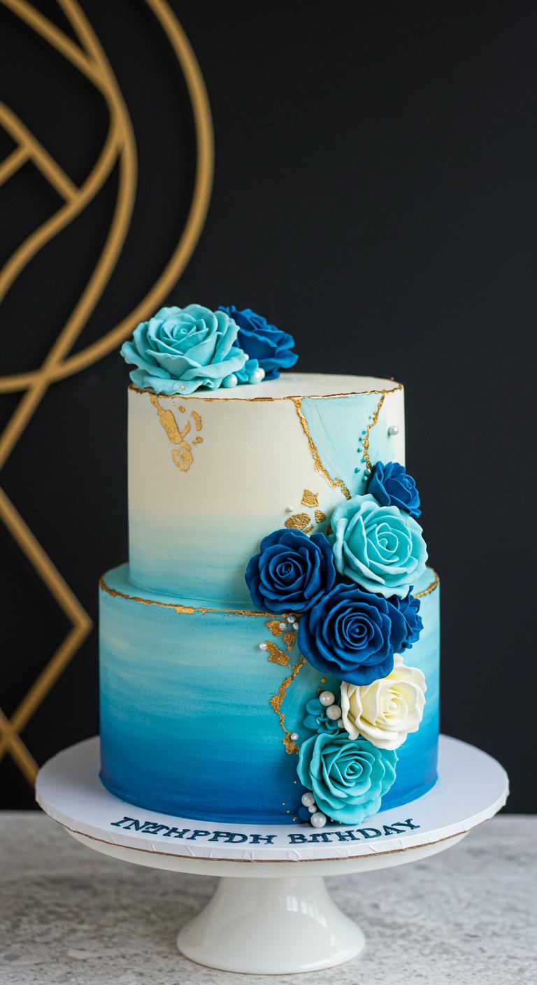 A beautifully decorated cake featuring a whimsical blue ombre design, transitioning from deep azure at the bottom to delicate sky blue at the top. The cake is adorned with vibrant, colorful floral arrangements that add charm and elegance, all set against a festive background, capturing the essence of celebration and artistry.