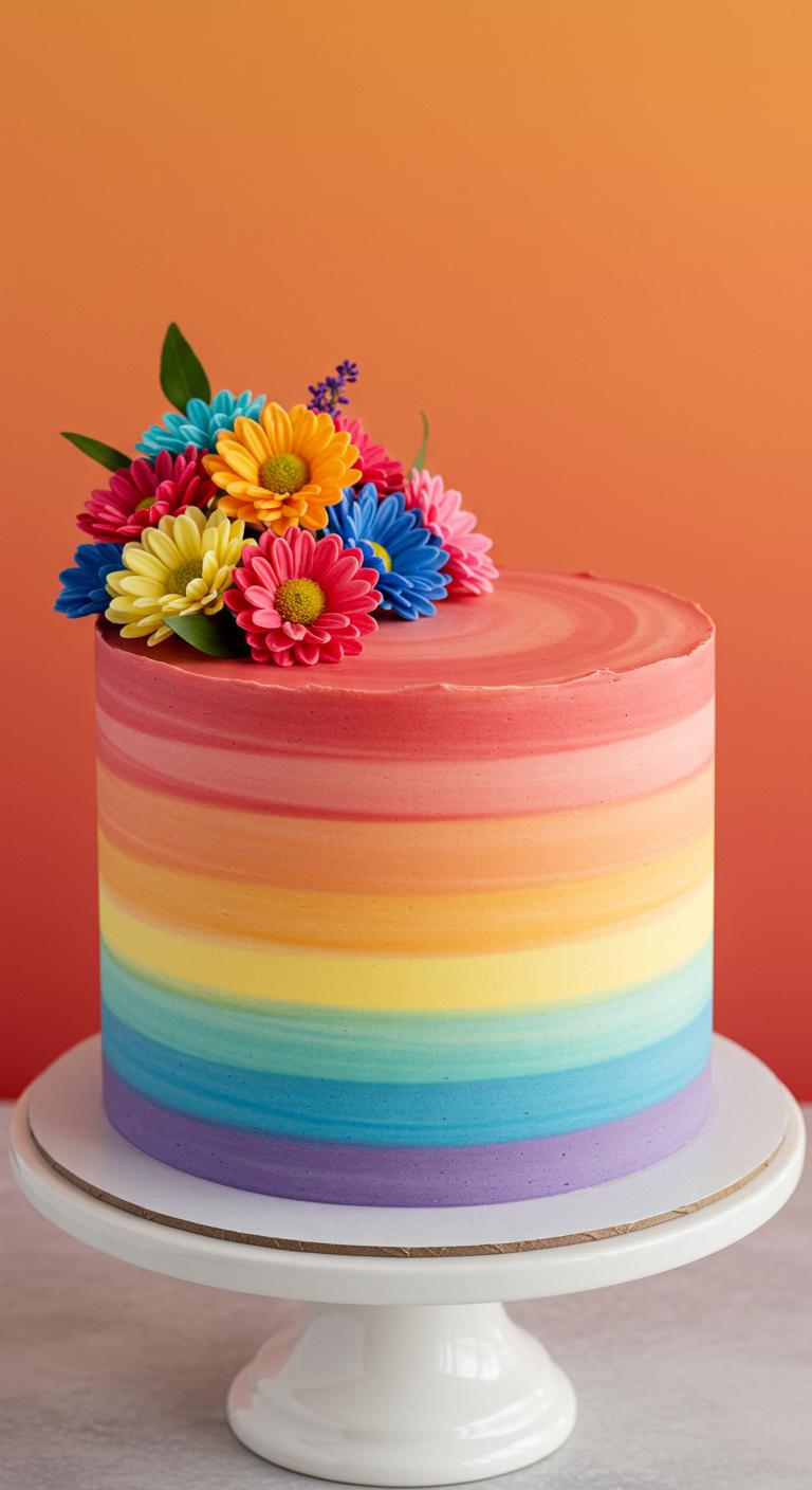 A **stunning cake** showcasing vibrant rainbow ombre layers, seamlessly blending rich hues reminiscent of a sunset. The cake is adorned with delicate, colorful floral accents that enhance its beauty, creating a showstopper ideal for various occasions.