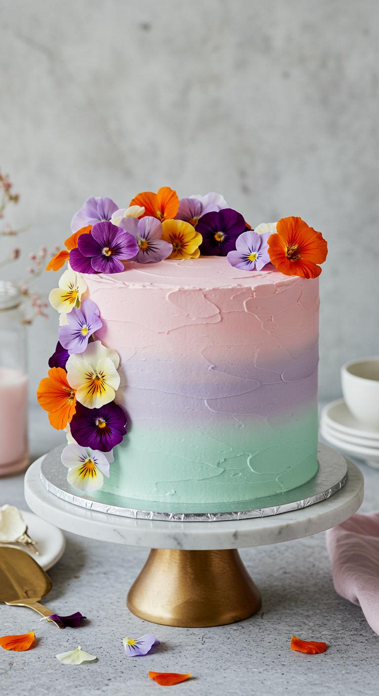 A beautifully decorated **Soft Pastel Ombre Cake** featuring **gradient shades of soft pastels** like pink, lavender, and mint green. The cake is adorned with an array of **vibrant edible flowers**, such as pansies and nasturtiums, creating a **stunning contrast** against the soothing colors. The setting is elegant, showcasing the cake as a **centerpiece at a celebration**, with soft lighting that highlights the **tranquility and beauty** of the design.