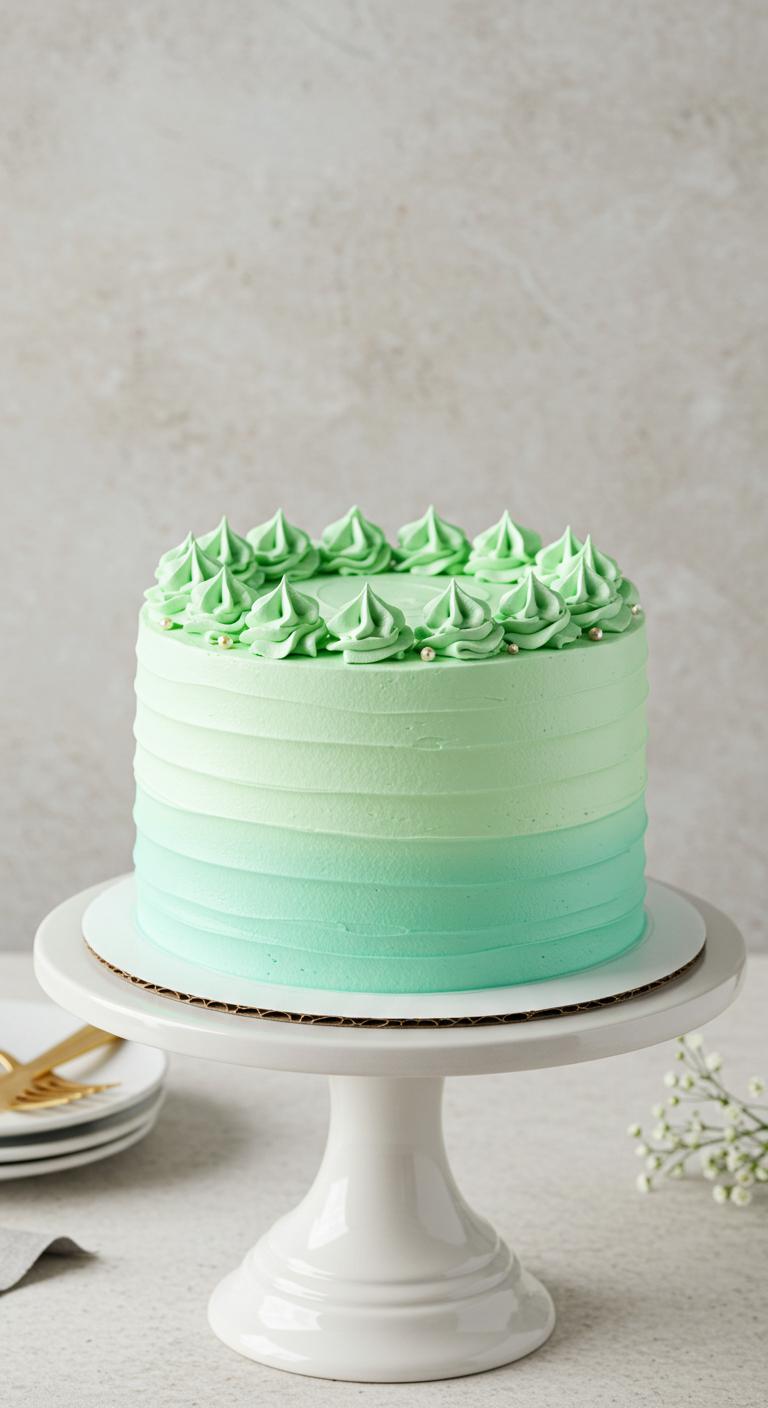 A **dreamy mint green ombre cake** with a **soft gradient**, showcasing **delicate layers** blending from pale to vibrant mint green. The cake is adorned with subtle decorations that enhance its elegant appearance, and it’s set against a serene backdrop that emphasizes its tranquil essence. The scene conveys a refreshing and **revitalizing atmosphere**, perfect for any occasion.