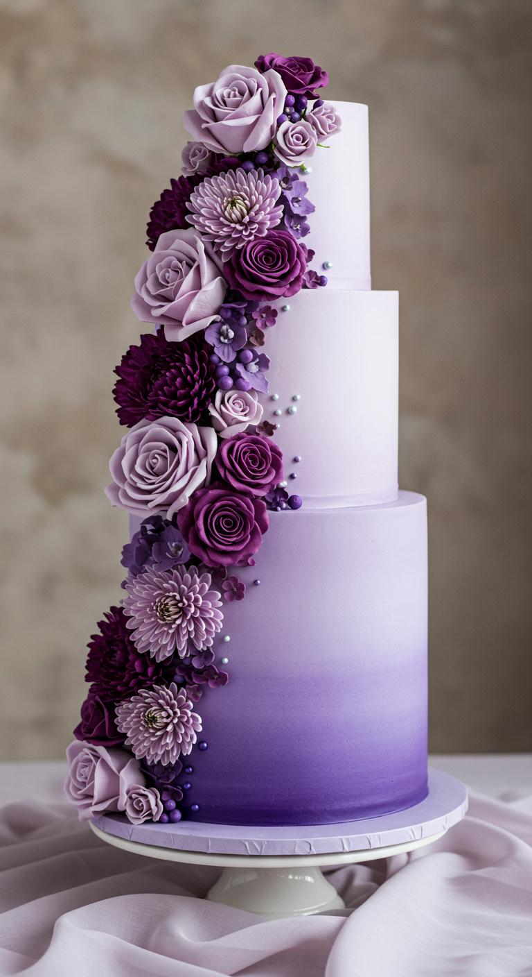 A stunning purple ombre floral cake that transitions from **deep violet** at the base to **delicate lavender** at the top, embellished with a variety of **exquisite purple floral arrangements**. The cake is set against a soft, elegant backdrop that enhances its beauty, showcasing the charm and elegance of this enchanting centerpiece at a celebratory event.