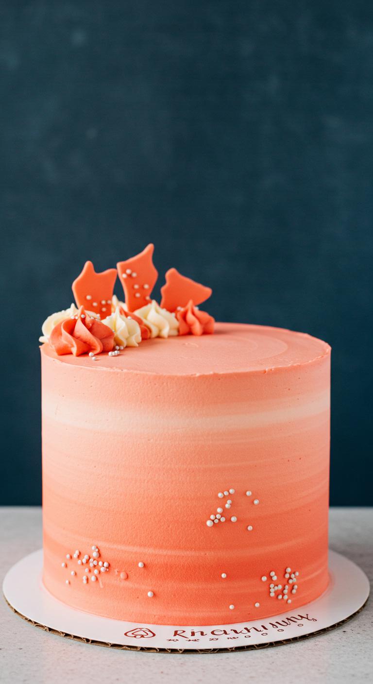 A beautiful **coral ombre cake** with a **soft gradient** of coral colors, showcasing hues transitioning harmoniously. The cake is adorned with subtle decorations, reflecting flavors like **vanilla, coconut, and lemon**, set against a charming backdrop that enhances its visual appeal. The scene captures the cake in a way that invites joy and delight, emphasizing the enchanting experience of both sight and taste.