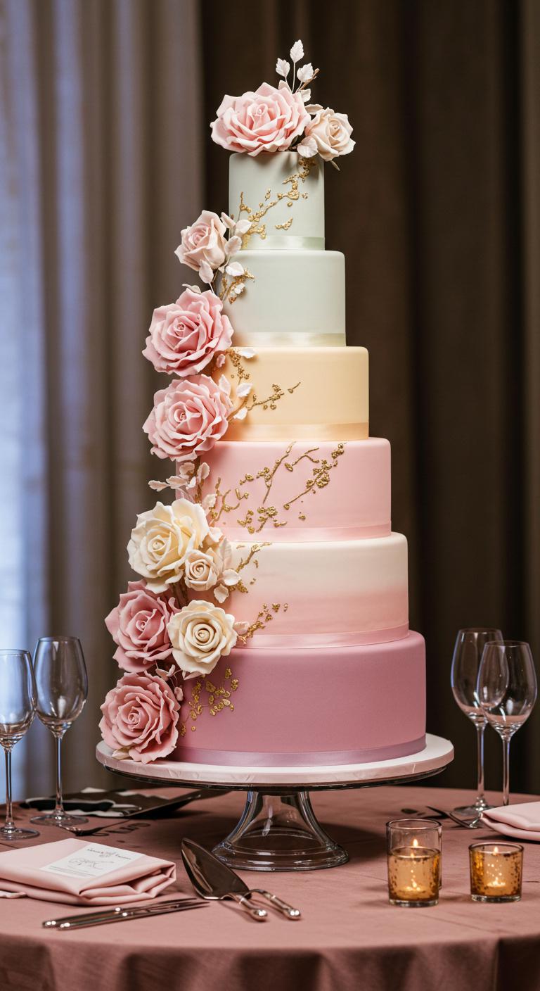 A **stunning multi-tiered cake** with an **ombre color gradient**, transitioning smoothly between shades, decorated with **intricate floral designs** made from **delicate sugar flowers**. The cake is displayed on a beautifully set table, complemented by soft lighting to enhance its elegance. Perfect for a wedding or birthday celebration, the cake exudes an air of sophistication and charm, making it a key centerpiece for any **special occasion**.