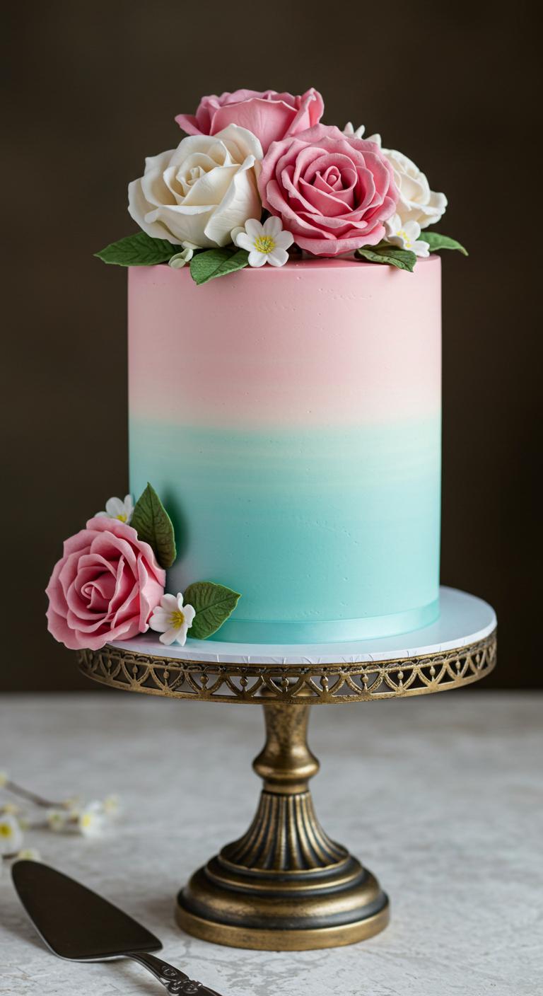 A **fancy ombre cake** featuring a **seamless gradient of colors** and **expertly crafted sugar flowers** on top, beautifully arranged on a decorative cake stand with an elegant background, highlighting the **artistry and charm** of the dessert. The scene should evoke a sense of **celebration and sophistication**.