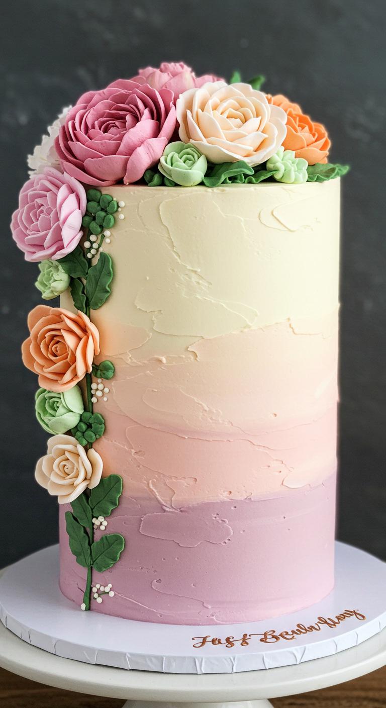 A beautifully designed cake showcasing a **lush garden ombre floral design**, featuring a **gradient of colors** from soft pastel shades to vibrant hues. The cake is adorned with **delicate blossoms** and **rich green foliage**, capturing the essence of nature’s beauty and creating a **stunning visual impact**.