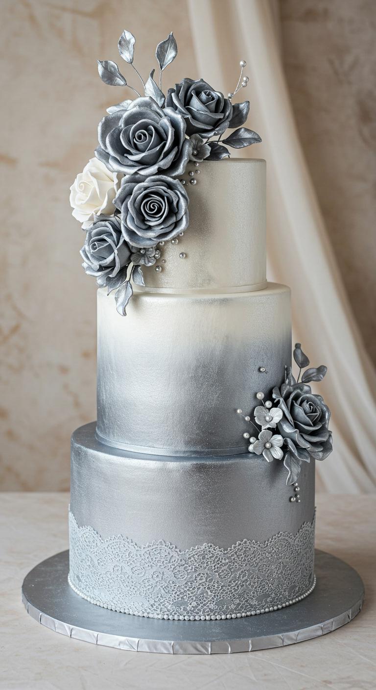 A stunning **silver ombre cake** with **shimmering silver gradients**, adorned with **intricate sugar flowers** and **delicate lace accents**. The cake is set against a soft, elegant backdrop, evoking feelings of sophistication and refinement, perfect for **weddings or special events**. The overall composition captures the mesmerizing effect of the cake, showcasing its beauty and allure.