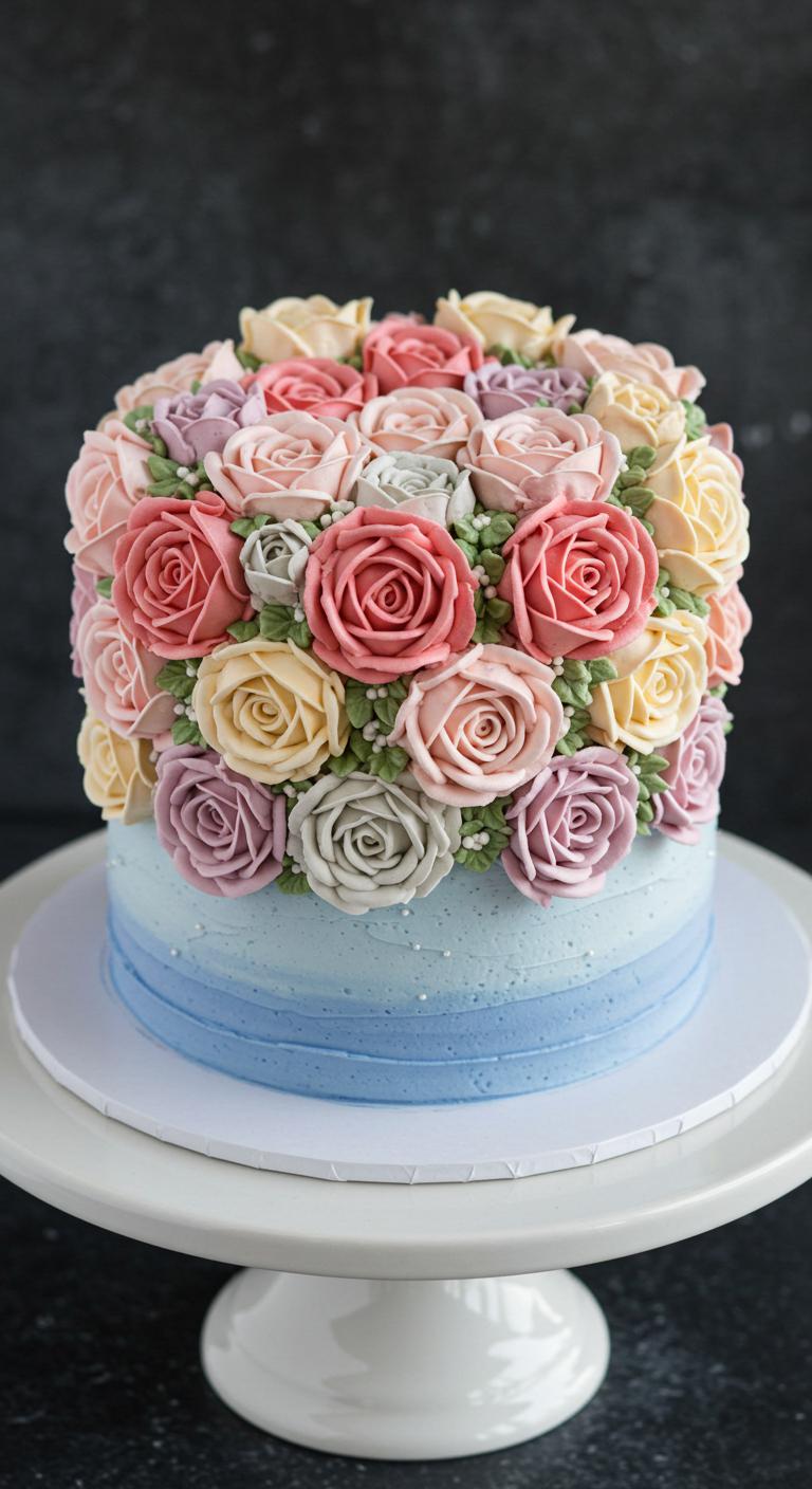 A beautifully designed **chic ombre floral cake** adorned with **intricate buttercream flowers**, showcasing a **stunning gradient effect** that transitions from one color to another. The cake is elegantly displayed, capturing the essence of celebration and creativity, with **delicate blossoms piped artfully** around its layers, creating a **visually appealing centerpiece** for an event.