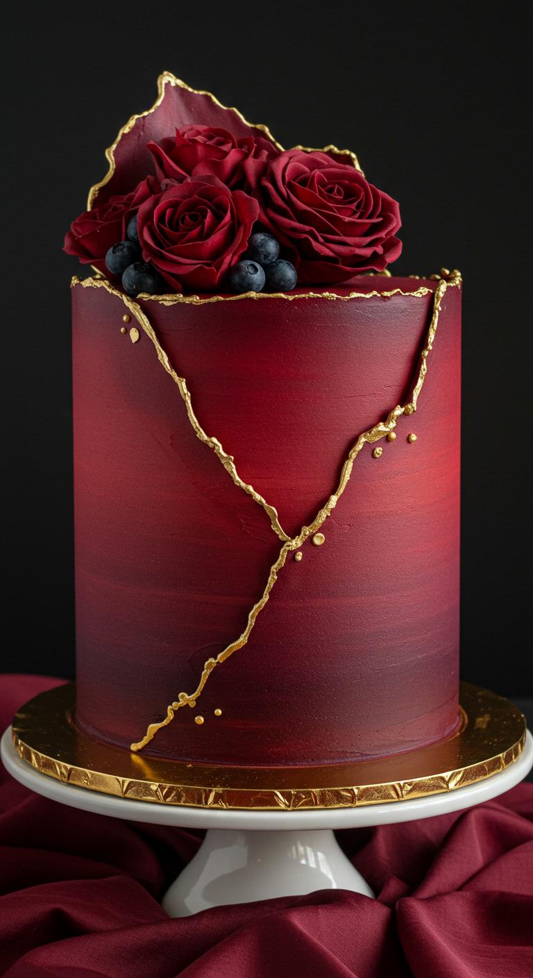 A stunning **Luxurious Burgundy Ombre Cake** showcasing a **gradient of deep reds** in its decor, emphasizing the ombre color technique that adds depth and richness. The cake should be beautifully presented at a celebration setting, capturing attention with its elegant design and inviting appearance.