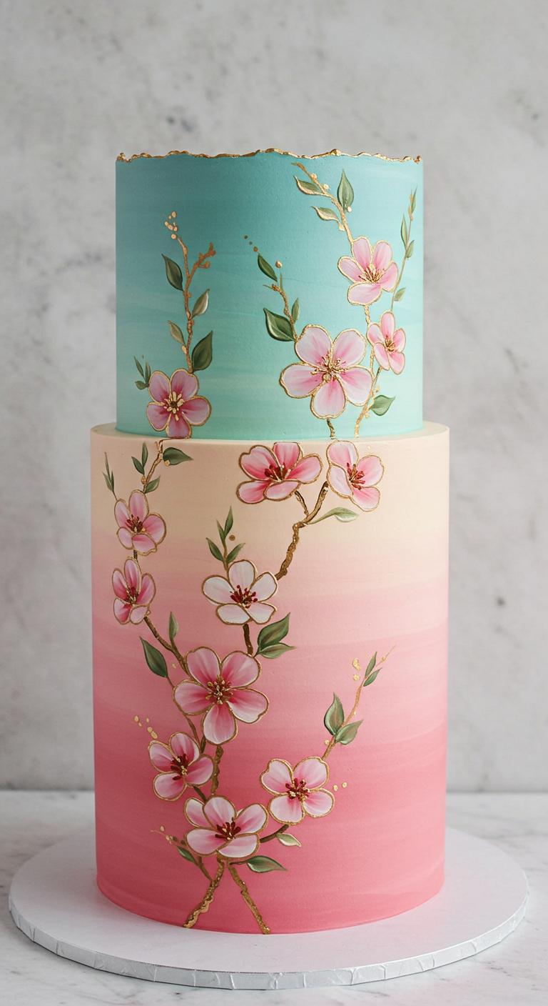A vibrant cake showcasing seven seamless ombre hues, adorned with intricate hand-painted floral designs featuring **delicate blossoms** that create a stunning visual impact, set against a backdrop that highlights the artistry of the cake as a centerpiece for celebrations.