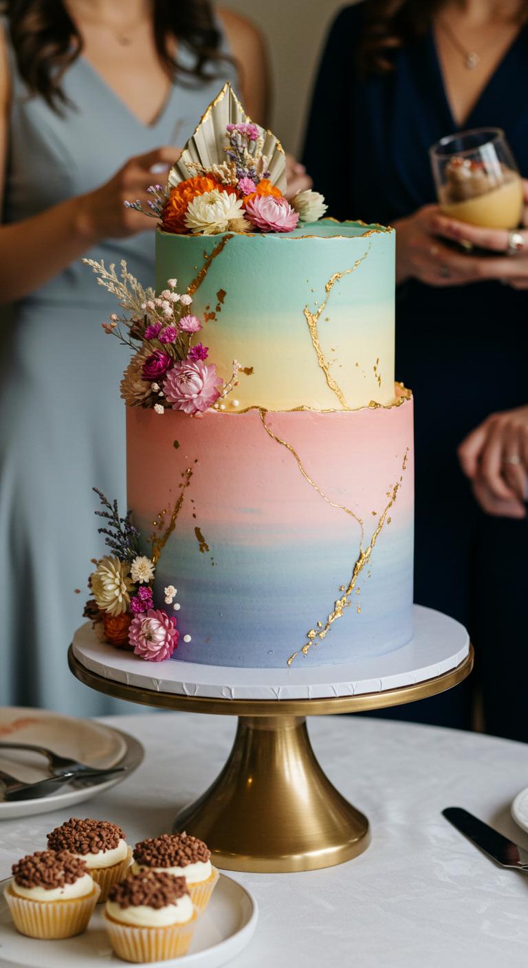 A beautifully decorated **Unique Ombre Cake** featuring **vibrant color gradients** seamlessly blending together. The cake is adorned with **exquisite edible flower arrangements**, showcasing **dried flowers** that add a touch of nature. The setting includes a stylish dessert table that highlights the cake as a **stunning centerpiece**, with guests admiring it in a **festive atmosphere**.