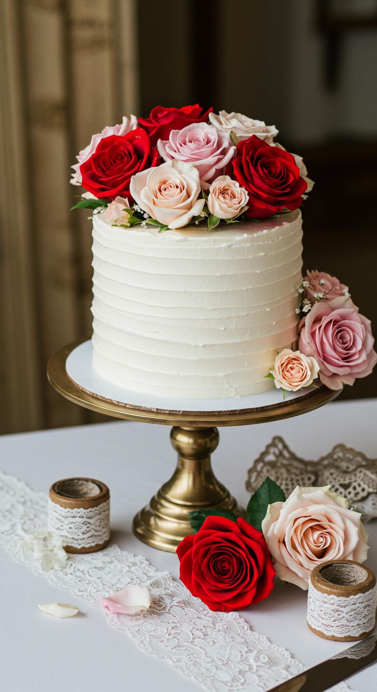 A beautiful wedding setting featuring an **elegant white buttercream cake** decorated with **fresh roses** in various colors, including classic red and soft blush. The cake is smooth and luxurious, set on a stylish cake stand, with delicate lace and floral decor around it, symbolizing **love and romance**. The ambiance reflects a joyful celebration filled with happiness and commitment.
