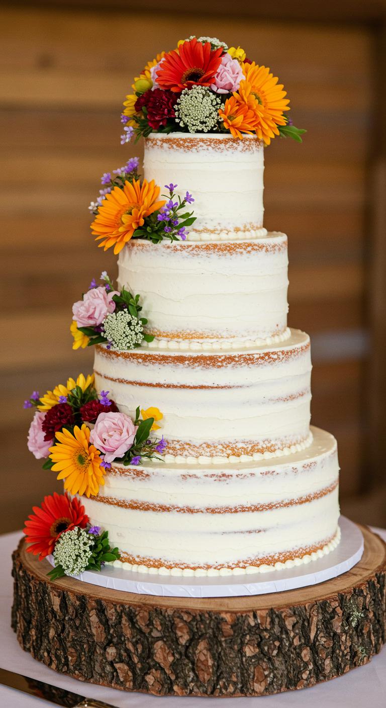A **rustic tiered wedding cake** adorned with a variety of **colorful wildflowers**, featuring **textured frosting** and organic charm. The cake is set in an **outdoor or barn wedding** setting, surrounded by greenery, capturing the essence of nature and a **whimsical atmosphere**.