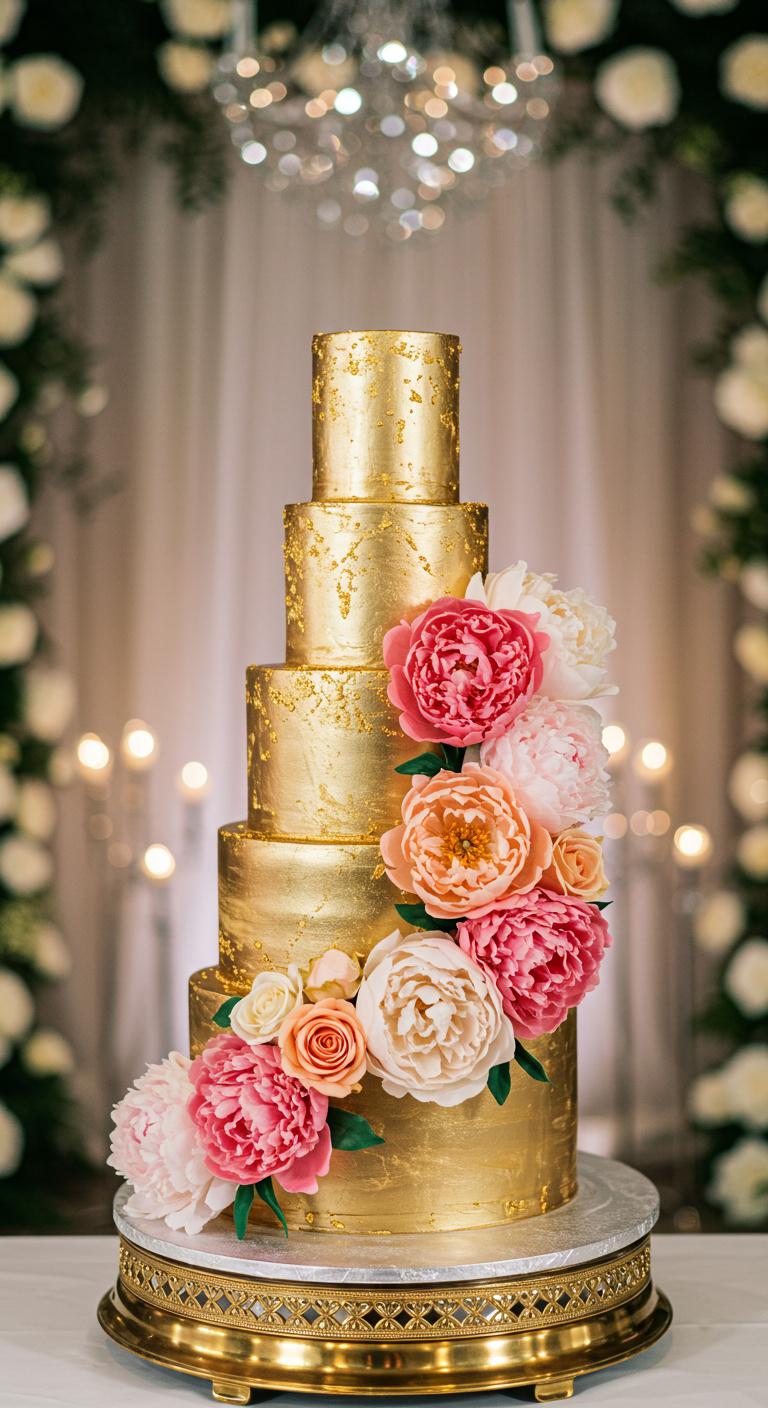A **luxurious gold-flecked cake** adorned with a variety of peonies in soft pastels and vibrant hues, sparkling brilliantly, set against an elegant wedding decor background, showcasing an **atmosphere of sophistication and celebration**. The cake serves as a **stunning centerpiece**, evoking awe among guests.